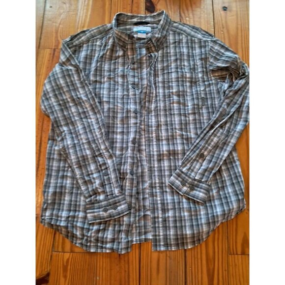 Columbia Flannel Shirt Men's Large Grey/White Midweight Button Down Long Sleeve - Picture 1 of 2